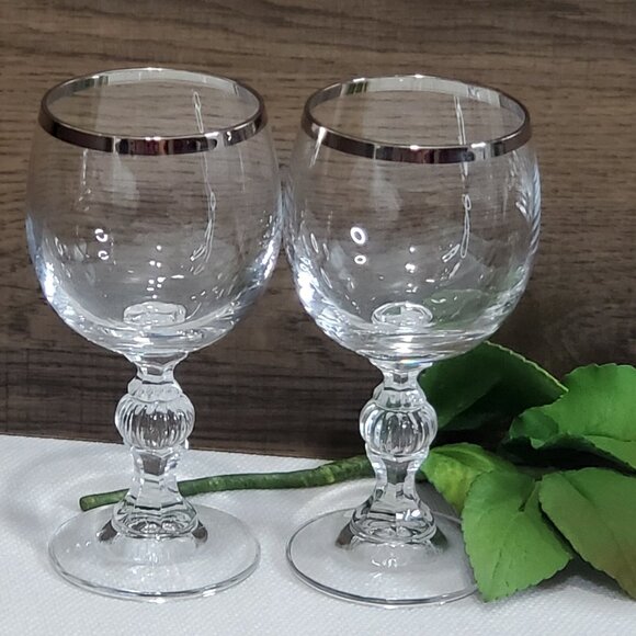 2 Bold Silver Trim Crystal Cordial Liquor Glasses 4.7" ribbed ball sculpted stem - Picture 3 of 10